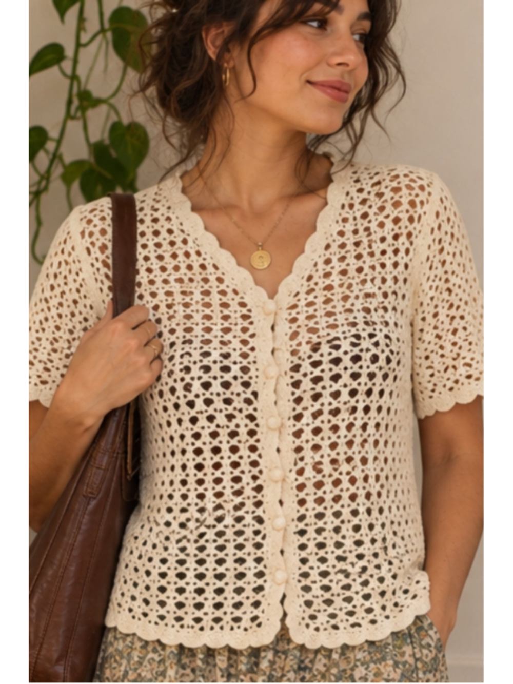 Handmade Vintage Style Crochet Short Sleeve Cardigan Blouse Cream Ecru M